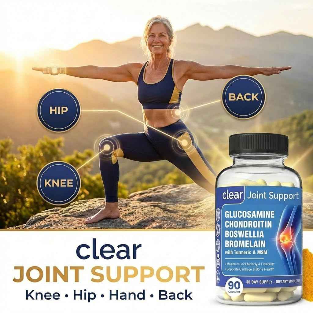 Clear Joint Support - 1500mg Glucosamine Chondroitin MSM - 8 in 1 Joint Health Supplement with Turmeric and Boswellia for Men & Women, Knee, Hip & Back Support, Made in USA, 90 Capsules