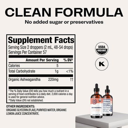Vimergy USDA Organic Ashwagandha Liquid Extract – 57 2mL Servings (220mg Extract per Serving). Stress Adaptogen, Cognitive & Sleep Support. Alcohol-Free, Non-GMO (115 mL)