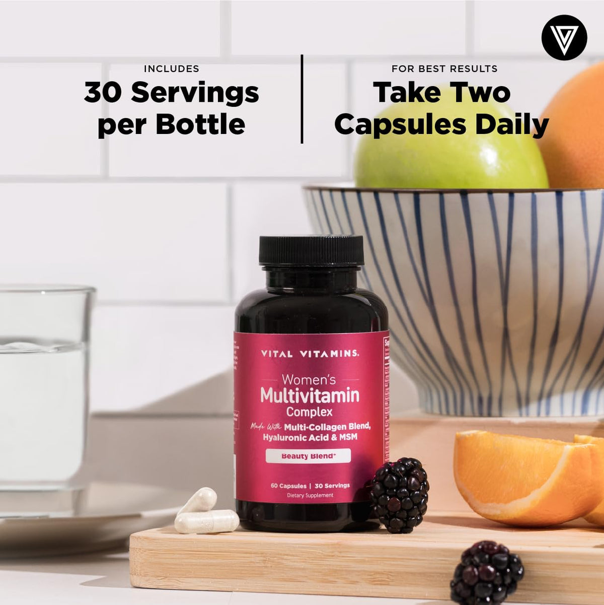 Vital Vitamins Women's Multivitamin Complex - Made with Multi-Collagen Blend, Hyaluronic Acid, & MSM - Beauty Multivitamins - with Vitamin A, C, E, B6, B12, D3-60 Capsules Vital Vitamins buy supplements Au