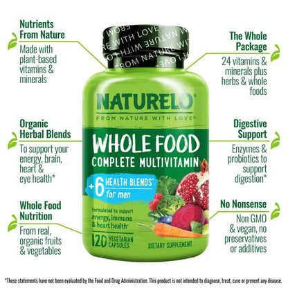 NATURELO Mens Multivitamins - Whole Food Multivitamin for Men with Vitamins, Minerals - 120 Vegetarian Capsules for Energy, Brain, Heart, Eye Health* NATURELO