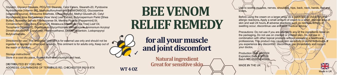 KOKOMAANE Bee Venom Muscle Bone Cream, Fast Acting, for Back, Neck, Hand, Foot, Knee, Muscle, Shoulder, Topical, Wrist, Elbow, Hip, Nerve, Plantar, Ankle, Foot discomfort, Vitamin B6 KOKOMAANEBuy Supplements Australia