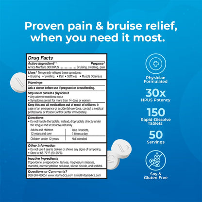 VitaMedica Arnica Montana 30X Homeopathic Tablets for Bruising Pain and Swelling | Plant Based Formula | Recommended by Plastic Surgeons | Natural Recovery Surgery Or Injury | 3 Pack | 150 Servings VitaMedicaBuy Supplements Australia