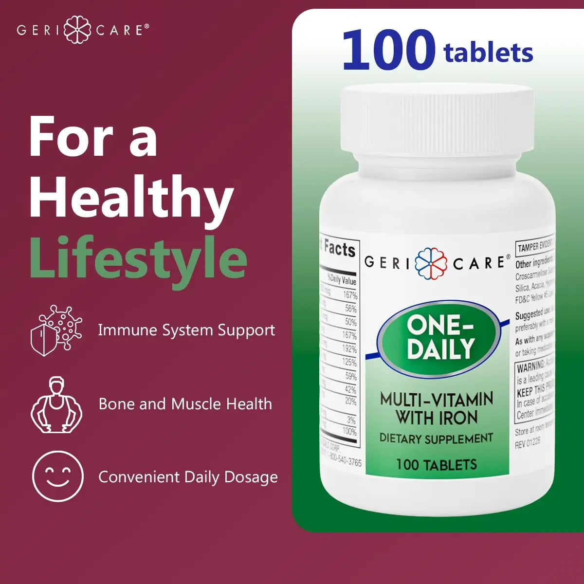 GeriCare One-Daily Multi-Vitamin with Iron Tablets,100 Count (Pack of 1) GeriCare