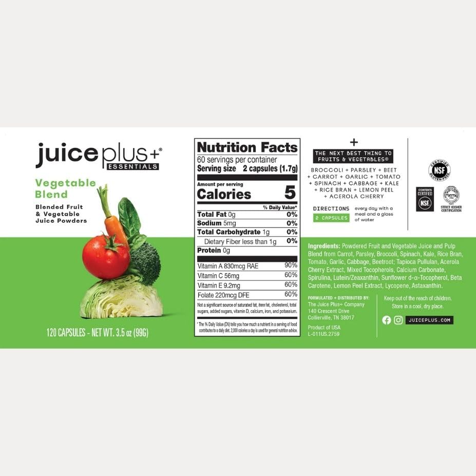 Juice Plus+ Vegetable Blend: with Broccoli, Parsley, Tomato & More - Plant-Based, Vegan, Gluten-Free, Non-GMO, Kosher - for Heart, Immune, Cognitive & Skin Health - 1 Bottle (60 Servings) Juice Plus+ buy supplements Au