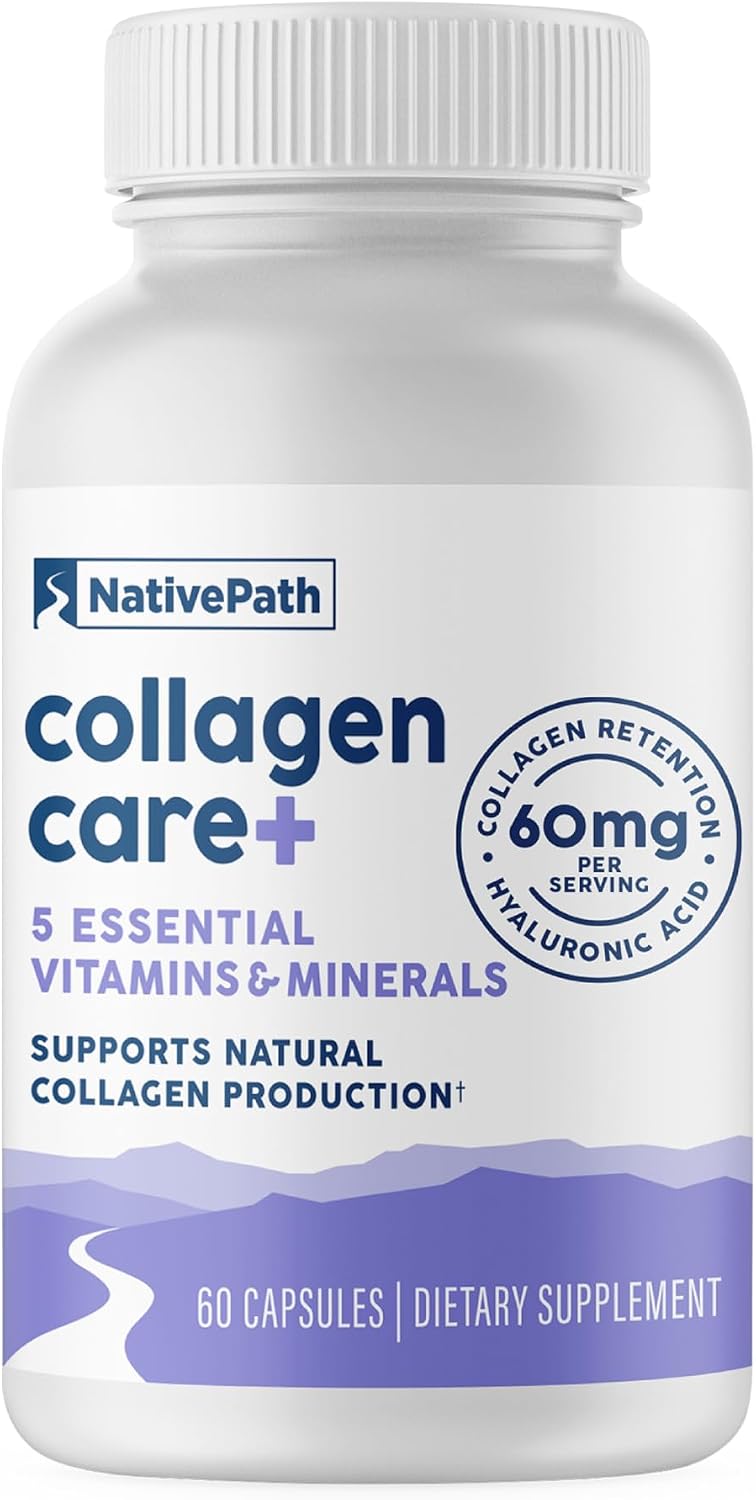 NativePath Collagen Care+, 5 Vitamin Blend with Hyaluronic Acid and Boron that Supports Collagen for Men and Women, 60 Capsules | Vitamins A, C, Zinc & Boron, Supports Skin, Hair, Nails & Your Body's Own Production, Beauty, Women