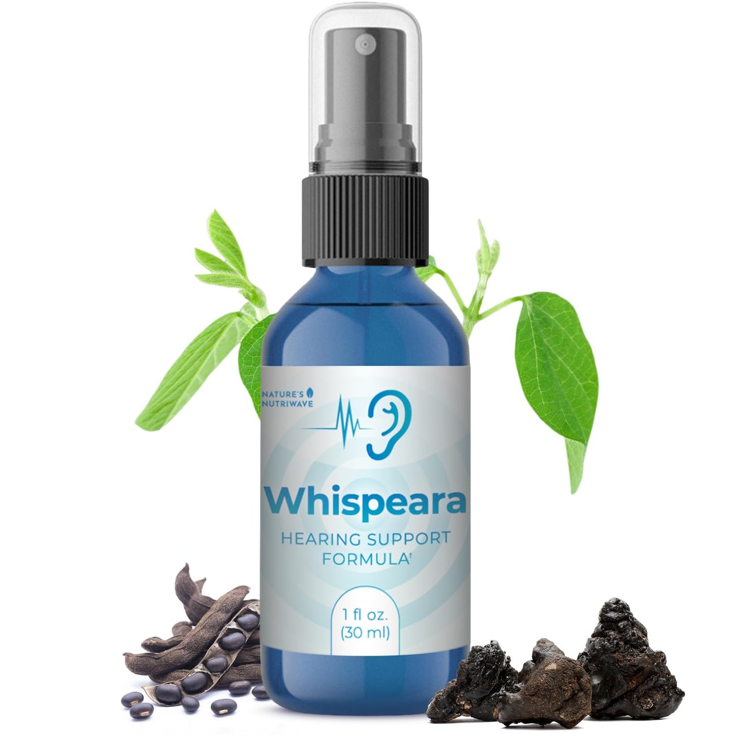 Blue bottle of Whispeara hearing support formula with leaves and herbs on a white background