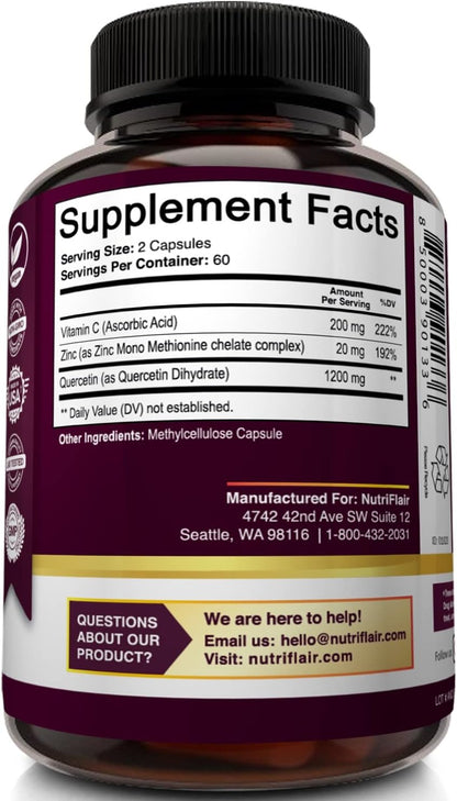 NutriFlair Quercetin 1200mg with Vitamin C and Zinc, 120 Capsules - All-Natural Supplement, Gluten-Free, Soy-Free, Non-GMO, Easy-to-Swallow, 2-Month Supply