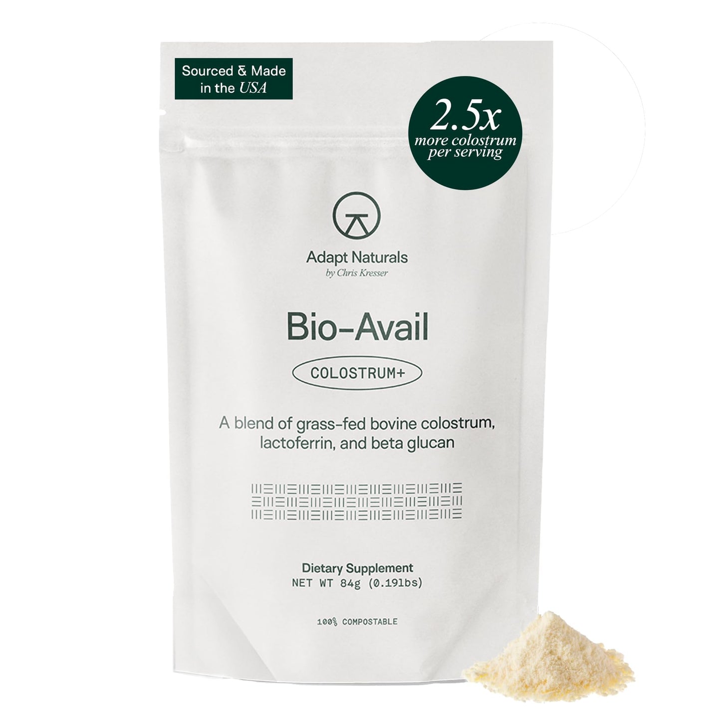 Bio-Avail Colostrum supplement package with visible colostrum powder on a white background