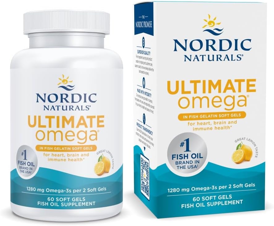 Nordic Naturals Ultimate Omega Fish Gelatin Lemon 1280mg EPA&DHA - 60 Count | Fish gelatin soft gels - pescatarian-friendly. EPA+DHA for brain & heart health. Non-GMO, Lemon flavor, 30 servings