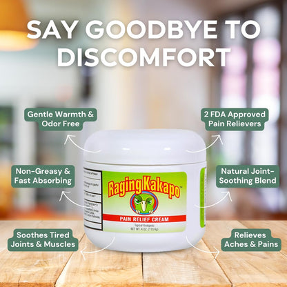 Raging Kakapo Pain Relief Cream - Sore Muscles, Joint Pain & Aches - Odor Free, Non-Greasy Pain Cream - Histamine Dihydrochloride, Capsaicin, Emu Oil & More - 4 oz. Jar Raging KakapoBuy Supplements Australia
