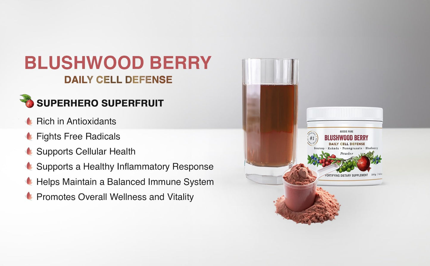 Aussie Pure Blushwood Berry Superfruit Daily Cell Defense - Soursop - Kakadu Plum - Pomegranate - Blueberry - Immune and Cell Support Powder - All Ages - Lab Tested and Authenticated - 180g/6.4oz Aussie Pure buy supplements Au