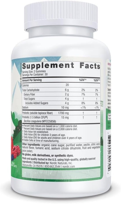 Nordic Naturals Kids Nordic Flora Probiotic Gummies, 1.5B CFU - 60 Count | Supports digestive & immune health. 1.5B CFU probiotics + prebiotic fiber. Non-GMO, Vegan. Berry Punch flavor. 30 Servings