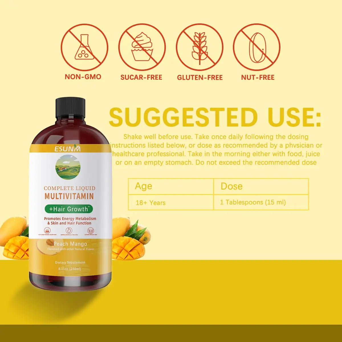 ESUNM Complete Liquid Multivitamin + Hair Growth, Promotes Energy Metabolism& Skin and Hair Function| Vitamin C D | B Vitamins | ESUNM