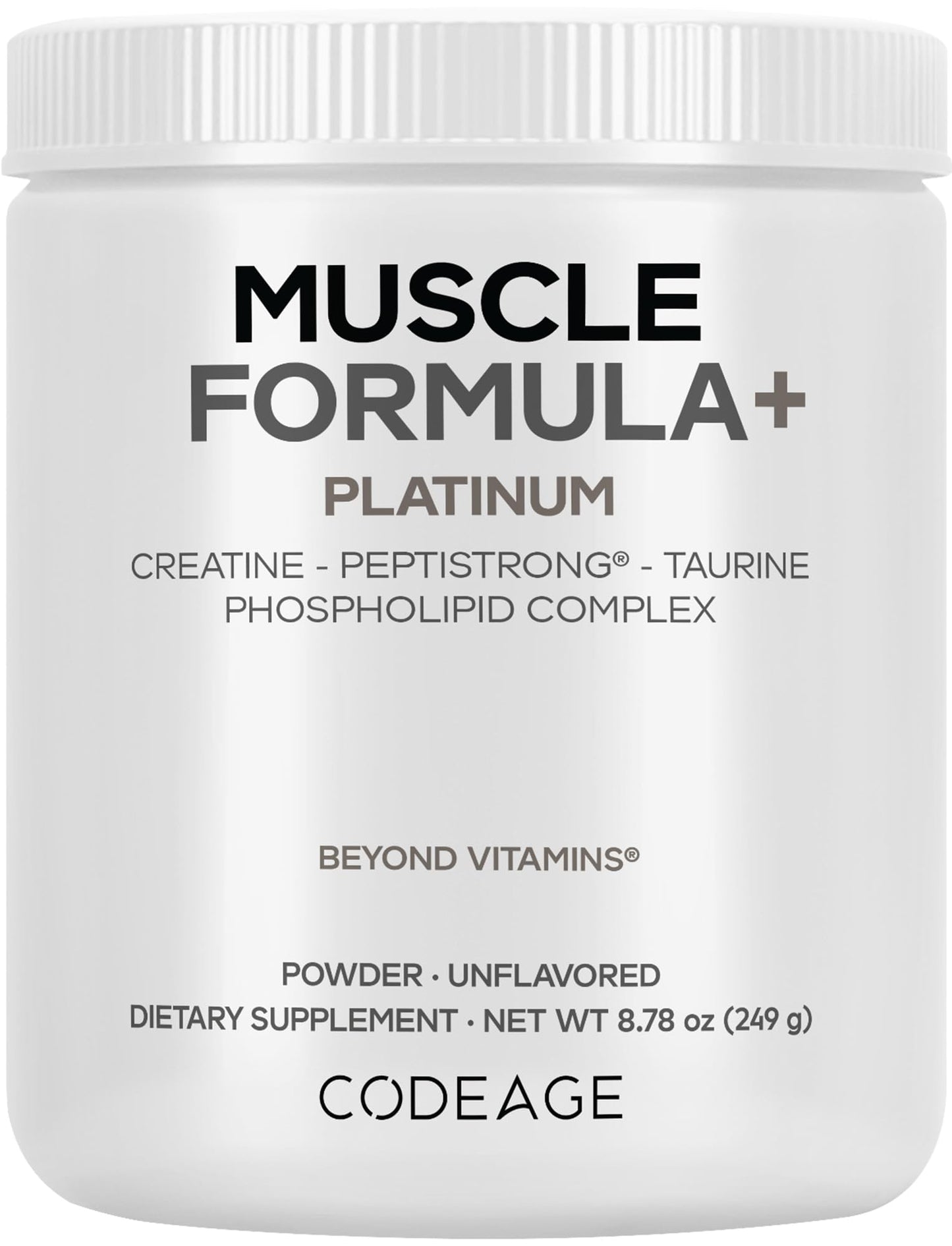 Codeage Muscle Formula+ Platinum Supplement - Creatine Monohydrate, PeptiStrong Fava Bean Protein Hydrolysate, Taurine, Vitamin D3, Liposomal Delivery - Non-GMO - Unflavored Protein Powder - 8.78 Oz CodeageBuy Supplements Australia