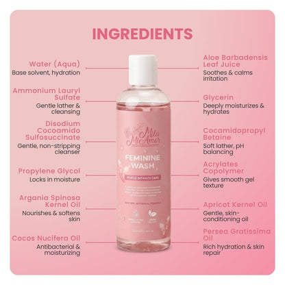Mila Miamor Feminine Wash | pH Balanced Intimate Cleanser with Aloe, Argan and Coconut Oils | Gentle Daily Hygiene Wash | Freshness and Odor Control | Paraben Free Soap Free | 8.45 fl oz