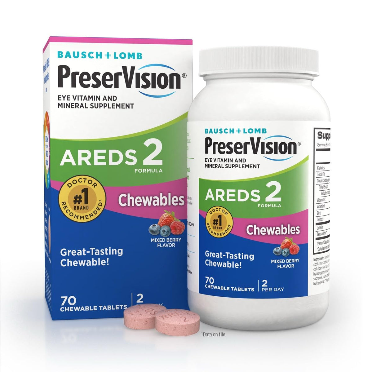 PreserVision AREDS 2 Eye Vitamins, #1 Eye Doctor Recommended Brand, Chewable Lutein and Zeaxanthin Supplement with Vitamin C, Vitamin E,Zinc, and Copper, Mixed Berry, 70 Tablets PreserVision buy supplements Au