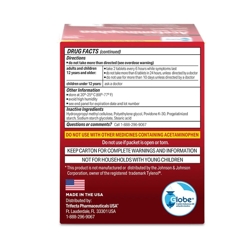 Globe Extra Strength Acetaminophen Tablets 500 mg, Pain Reliever and Fever Reducer, Gentle on Stomach, for Arthritis Pain, Backache Pain and More, 50 Packets of 2 Tablets Each, 100 Count GlobeBuy Supplements Australia