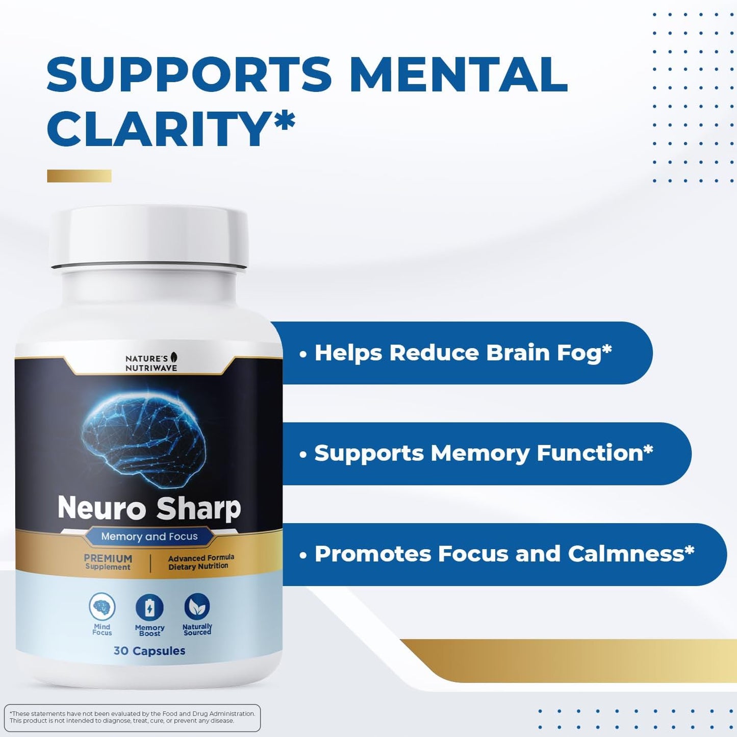 Neuro Sharp – Bacopa, Ginkgo Biloba & Huperzine-A – 30 Ct, 1 Month Supply | Bacopa Monnieri, Ginkgo Biloba & Huperzine-A | Non-GMO, Made in USA | Easy-to-swallow daily capsule