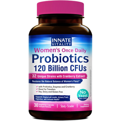 Innate Vitality Women's Probiotics, 120 Billion CFU, 32 Tested Strains, Probiotics for Women, Yeast Control, Vaginal pH Support, Prebiotics, Digestive Enzymes, Cranberry, Once Daily 30 Veggie Capsules Innate Vitality buy supplements Au