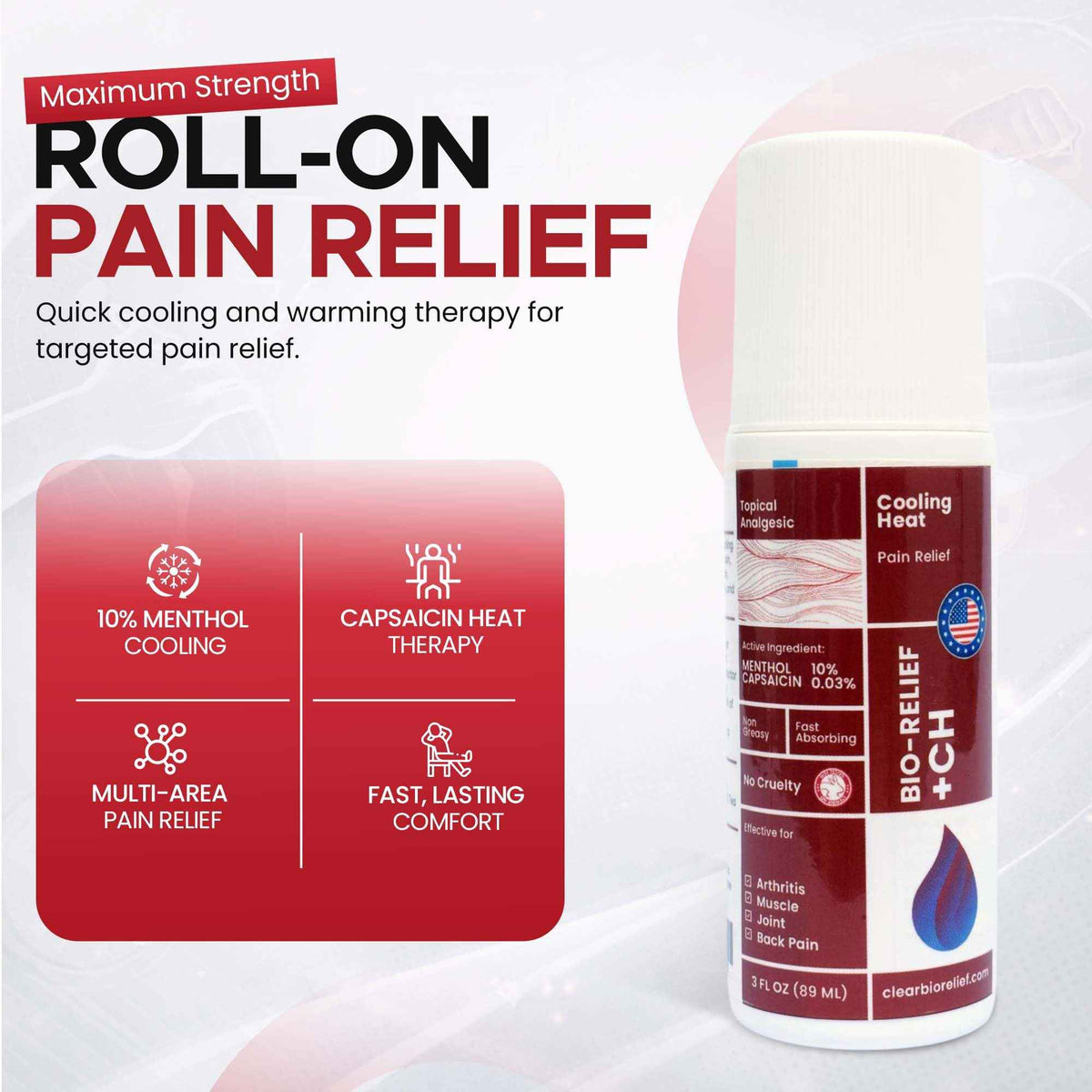 BIO-RELIEF +CH Pain Relief Roll On w 10% Methanol | Highly Effective, Cool & Topical Pain Relief Extra Strength for Arthritis,Muscle,Joint & Back | Easy Roll On Maximum Strength, Made in USA