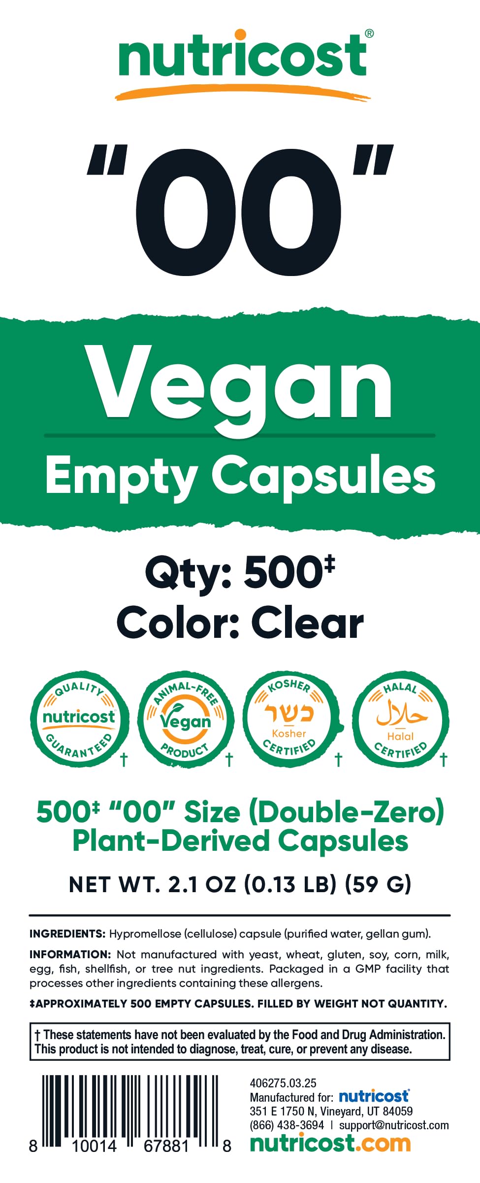 Nutricost Empty Capsules Size 00 Vegan - 500 Clear Empty Plant-Based Capsules - Kosher Certified, Halal Certified, Non-GMO, Soy Free, Gluten Free, Vegetarian Nutricost buy supplements Au