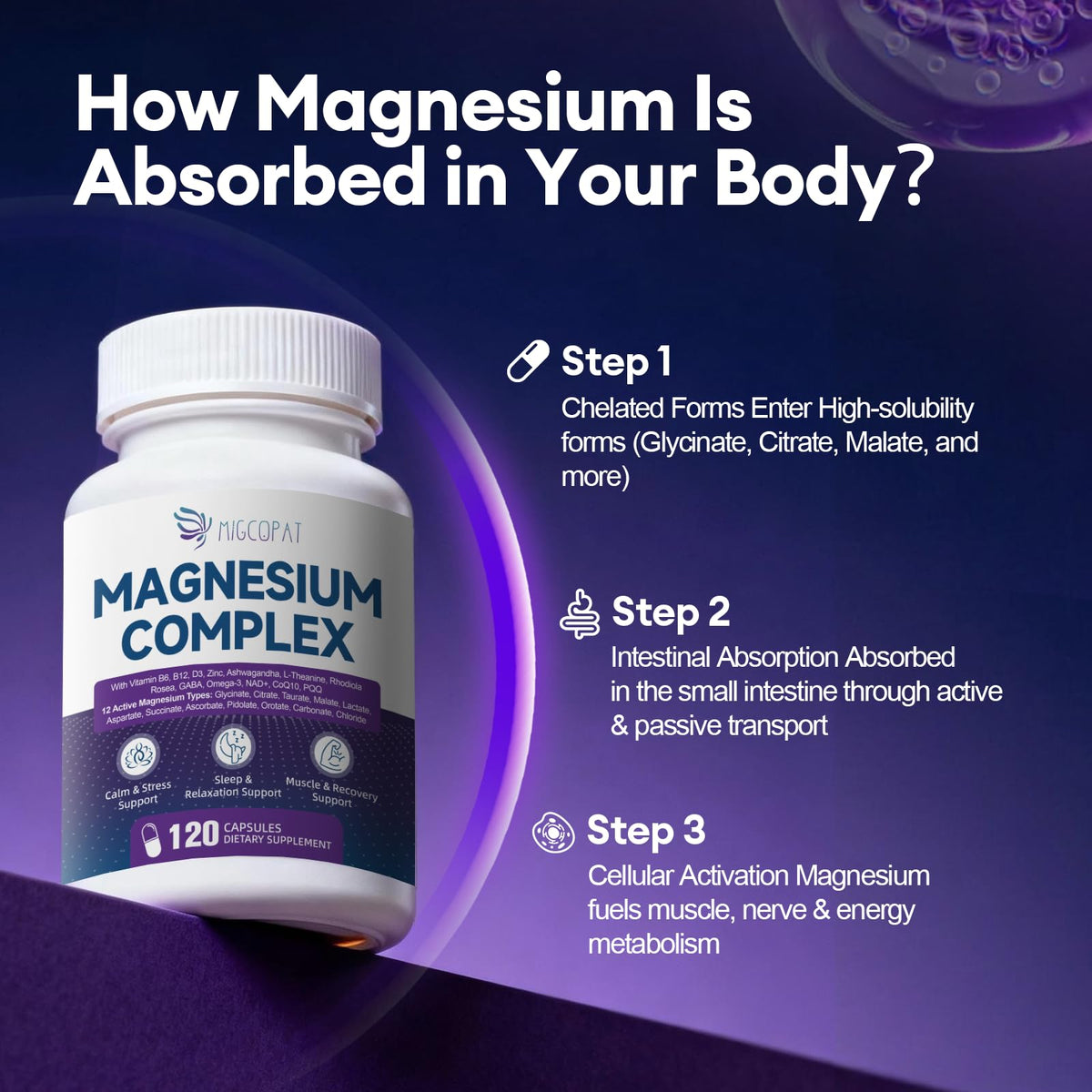 Migcopat Magnesium Complex w/Magnesium Glycinate, Malate, Citrate | 24-in-1 Magnesium Supplement w/Ashwagandha, L-Theanine & NAD+ | Supports Calm, Energy, Muscle & Sleep | Non-GMO, 120 Vegan Caps Migcopat buy supplements Au