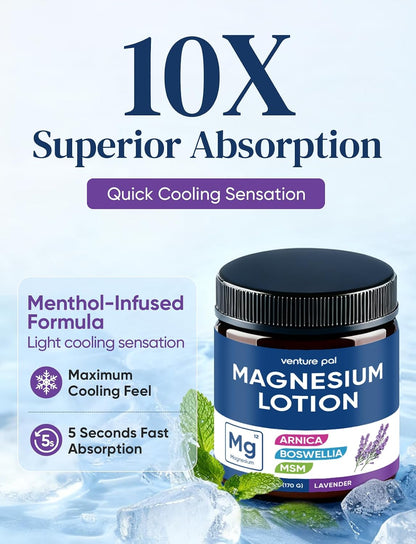 Magnesium Lotion with Arnica, MSM & Boswellia – Safe for Kids – 6 fl oz | Cooling Magnesium Cream – Lightweight Moisturizing Lotion for Legs & Feet
