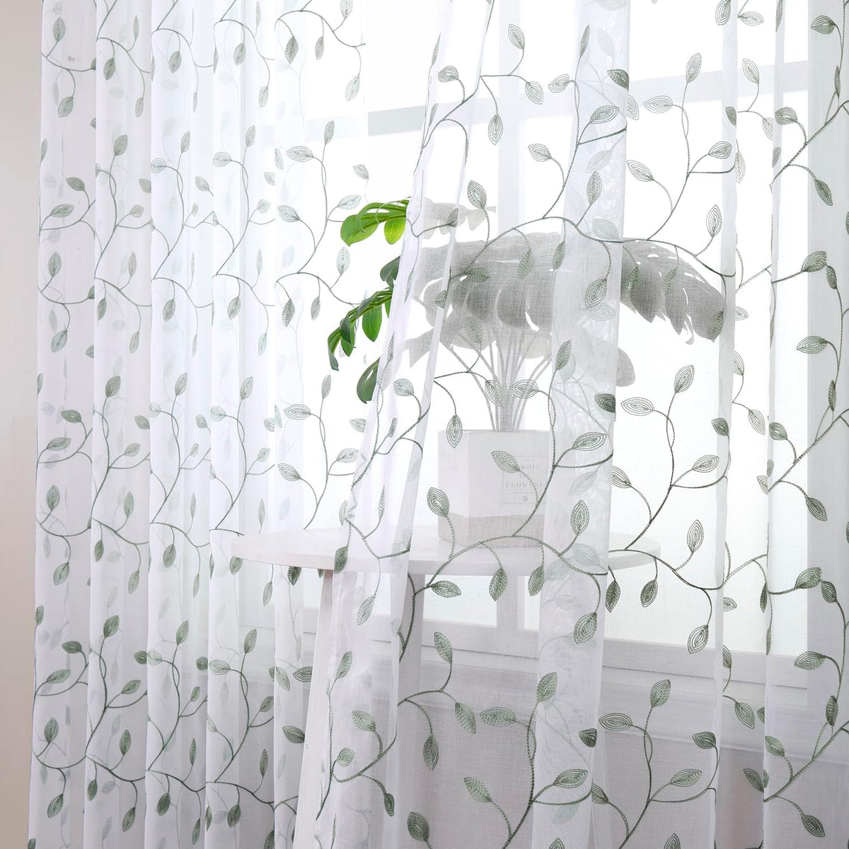 Tollpiz Leaves Short Sheer Curtains Sage Green Leaf Embroidery Bedroom Curtain Rod Pocket Voile Faux Linen Embroidered