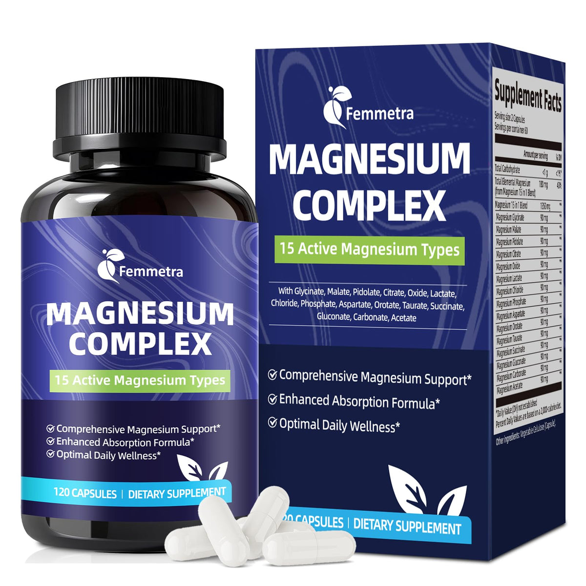 Femmetra Magnesium Complex supplement bottle and packaging on a white background