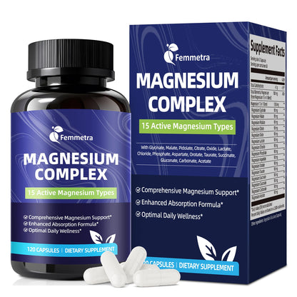 Femmetra Magnesium Complex supplement bottle and packaging on a white background
