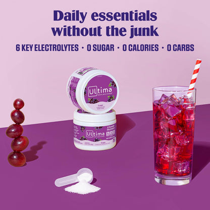 Ultima Replenisher Electrolyte Powder Drink Mix Bundle – Sugar Free – Grape, 30 Serving Canister and 20 Stickpacks – 6 Electrolytes and Minerals – Keto Friendly, Vegan, Non-GMO