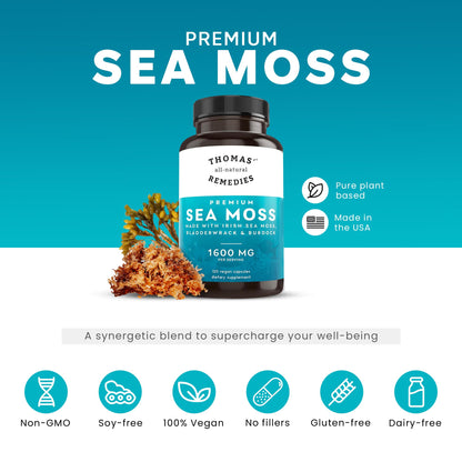 Thomas' all-natural Remedies Irish Sea Moss Capsules, Sea Moss with Bladderwrack & Burdock Root Organic for Gut Health, Digestion, Energy & Immune Support, 120 Seamoss Pills Thomas' all-natural RemediesBuy Supplements Australia