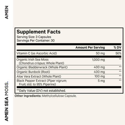 Amen Sea Moss Supplement - 1000mg Organic Irish Sea Moss, Bladderwrack, Burdock - Vitamin C, Aloe Vera, Black Pepper - Seaweed Superfood, Vitamins, Minerals, and Antioxidants - Non-GMO - 90 Capsules Amen buy supplements Au