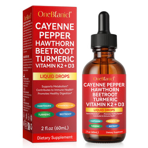 OneBlanc Cayenne Pepper Hawthorn Beetroot Turmeric Vitamin K2+D3 liquid drops packaging and bottle on a white background
