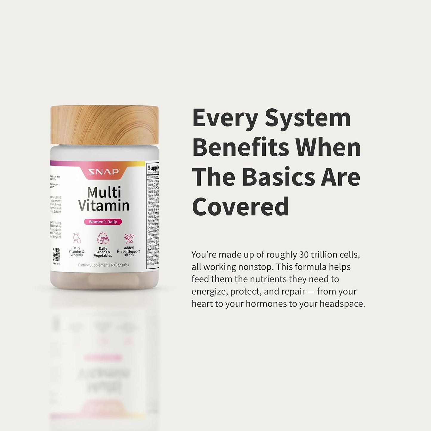 Snap Supplements Daily Multivitamin for Women, 60 Capsules | Daily Vitamins for Women with Minerals, Greens & Vegetables, Added Herbal Support Blends, Antioxidant Support, Non-GMO