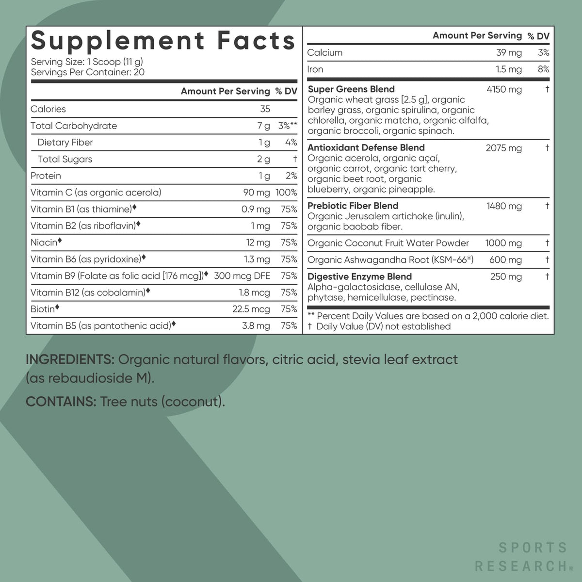 Sports Research® Organic Pineapple Coconut Greens - Digestive Health, Natural Energy & Mood Support* - Certified Organic Powder - 20 Servings Sports Research buy supplements Au