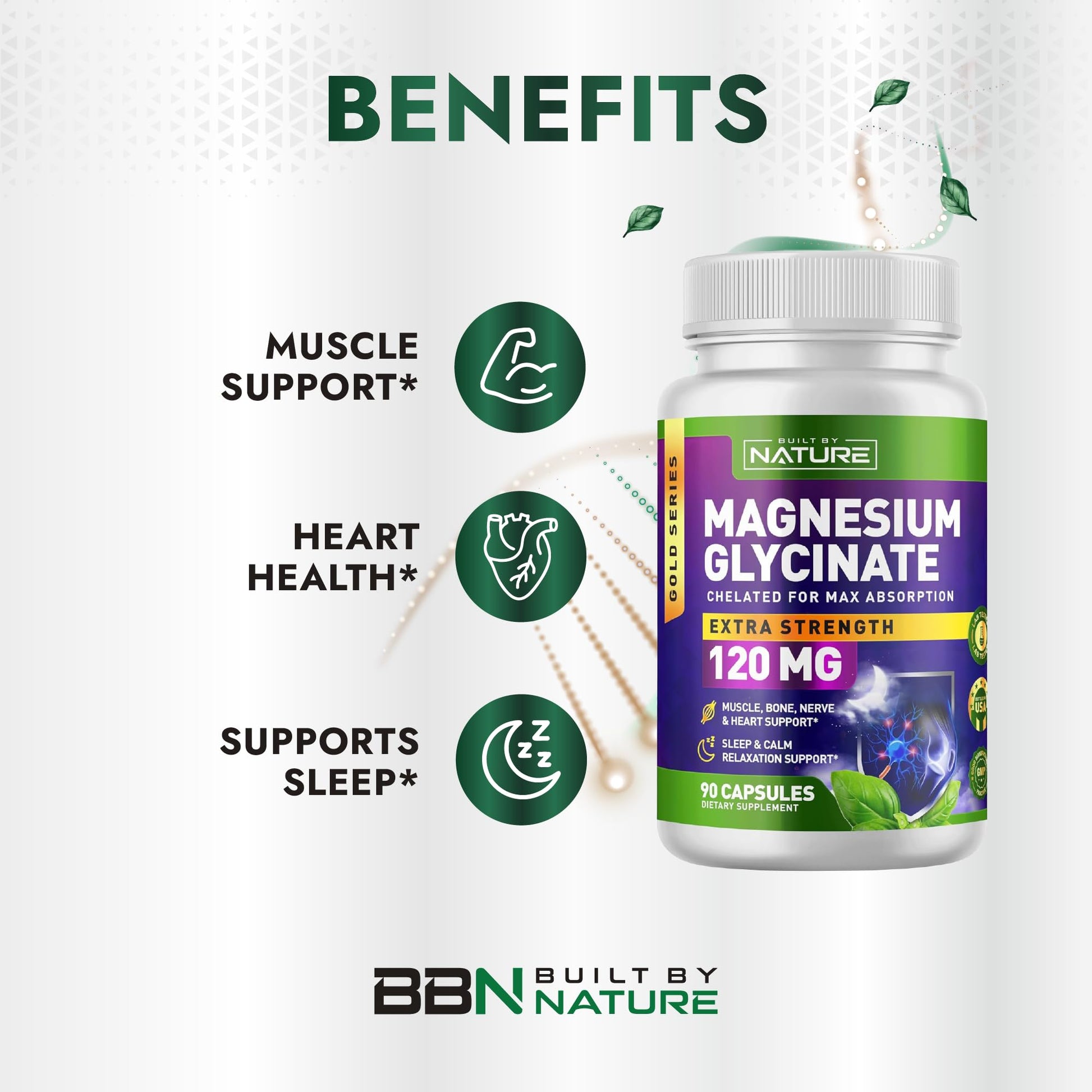 Built By Nature Magnesium Glycinate - Chelated for High Absorption – Supplement to Support Sleep, Muscle, Heart & Nerve Health - 120 mg Magnesium per Serving/Capsule - 90 Capsules Built by NatureBuy Supplements Australia