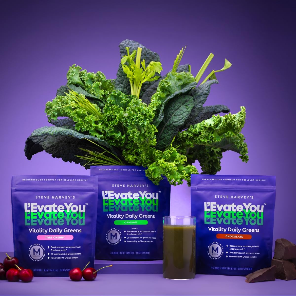 L'Evate You Vitality Daily Greens Powder (28 Servings) 30 Superfoods, 9 Greens - for a Cellular Energy Boost, Powered by M-Charge Complex for All Day Energy (Tart Cherry) Steve Harvey's L'Evate You buy supplements Au