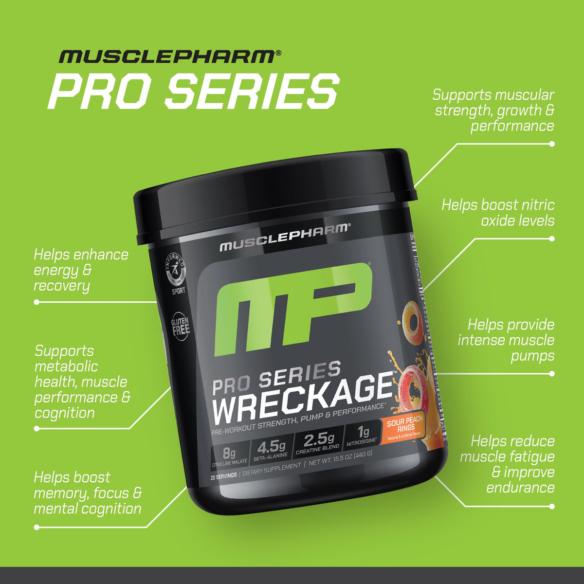Muscle Pharm Pro Series Wreckage Pre Workout Powder | Professional Grade 8-in-1 Blend for Strength, Pump, Focus & Nitric Oxide Performance | Sour Berry, 15.5 oz, 20 Servings
