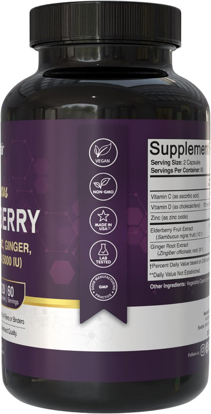 NutriFlair Sambucus Elderberry Capsules, 120 Capsules (2-Month Supply) - Elderberry Extract with Vitamin C, Vitamin D3, Zinc & Ginger - Daily Wellness Support