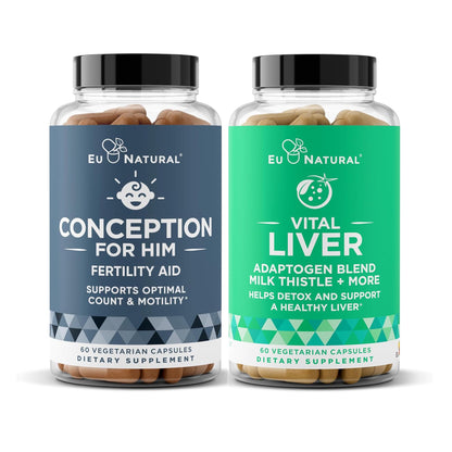 Two dietary supplement bottles labeled 'Conception for Him' and 'Vital Liver' on a white background.