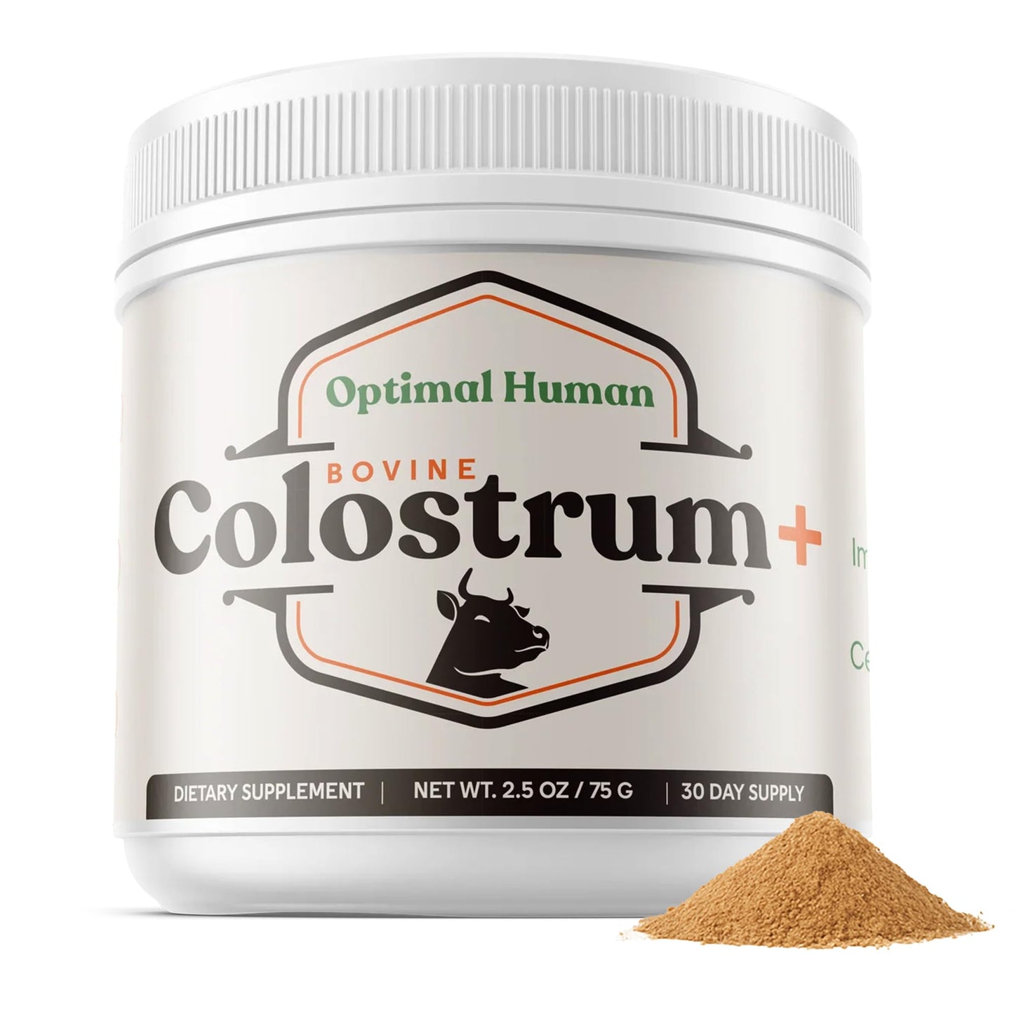 Jar of Optimal Human Bovine Colostrum supplement with visible powder on a white background