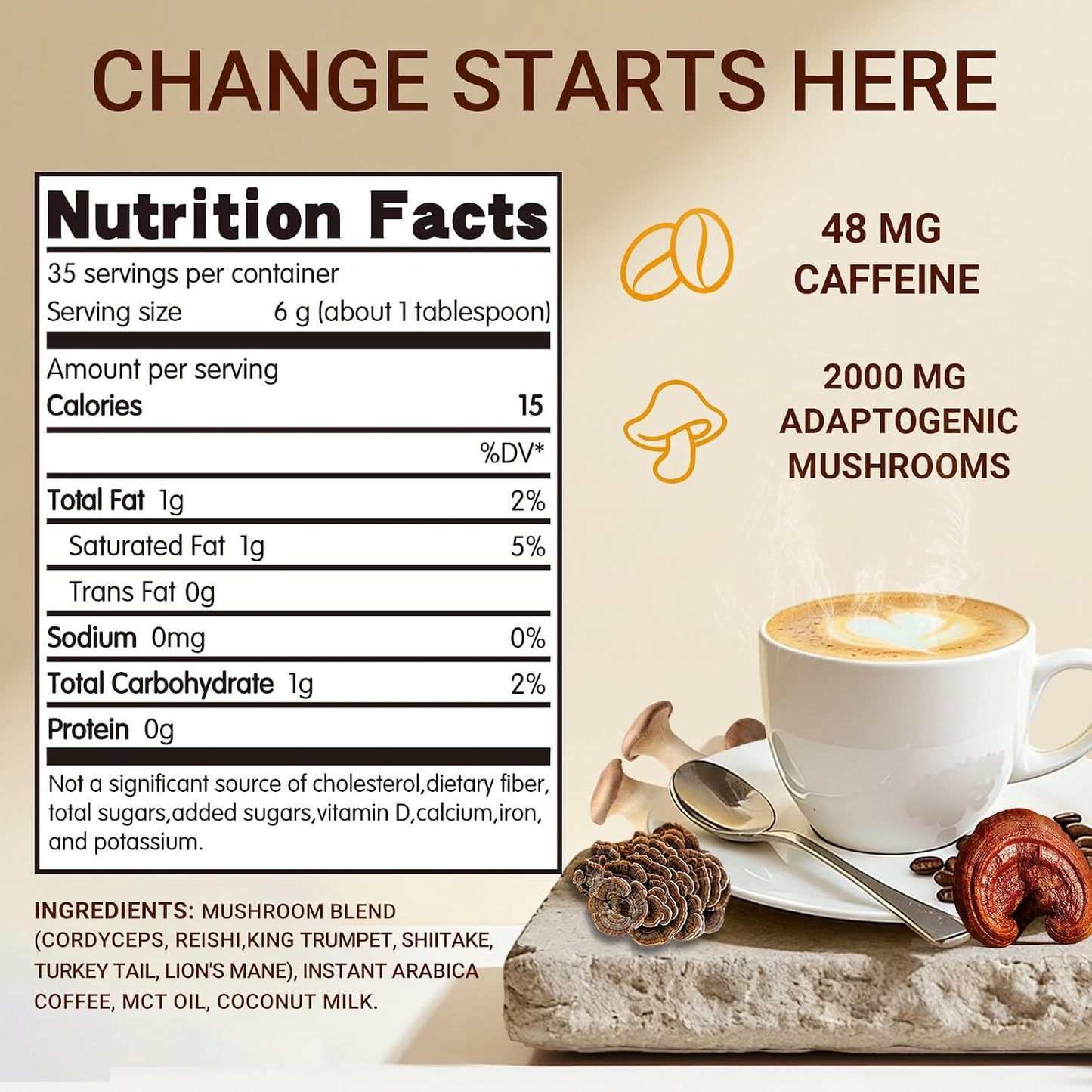 Mushroom Coffee, Instant Mushroom Coffee Organic with 6 Mushrooms Lion’s Mane, Cordyceps, Turkey Tail & Other for Energy, Focus, Digestion, Immunity, 35 Servings