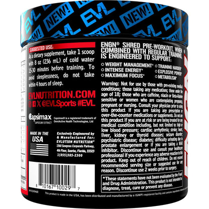 EVL Ultimate Pre Workout Powder - Thermogenic Fat Burner Preworkout Powder Drink for Lasting Energy Focus and Stamina - ENGN Shred Intense Fat Burning Creatine Free Preworkout Drink - Cherry Limeade