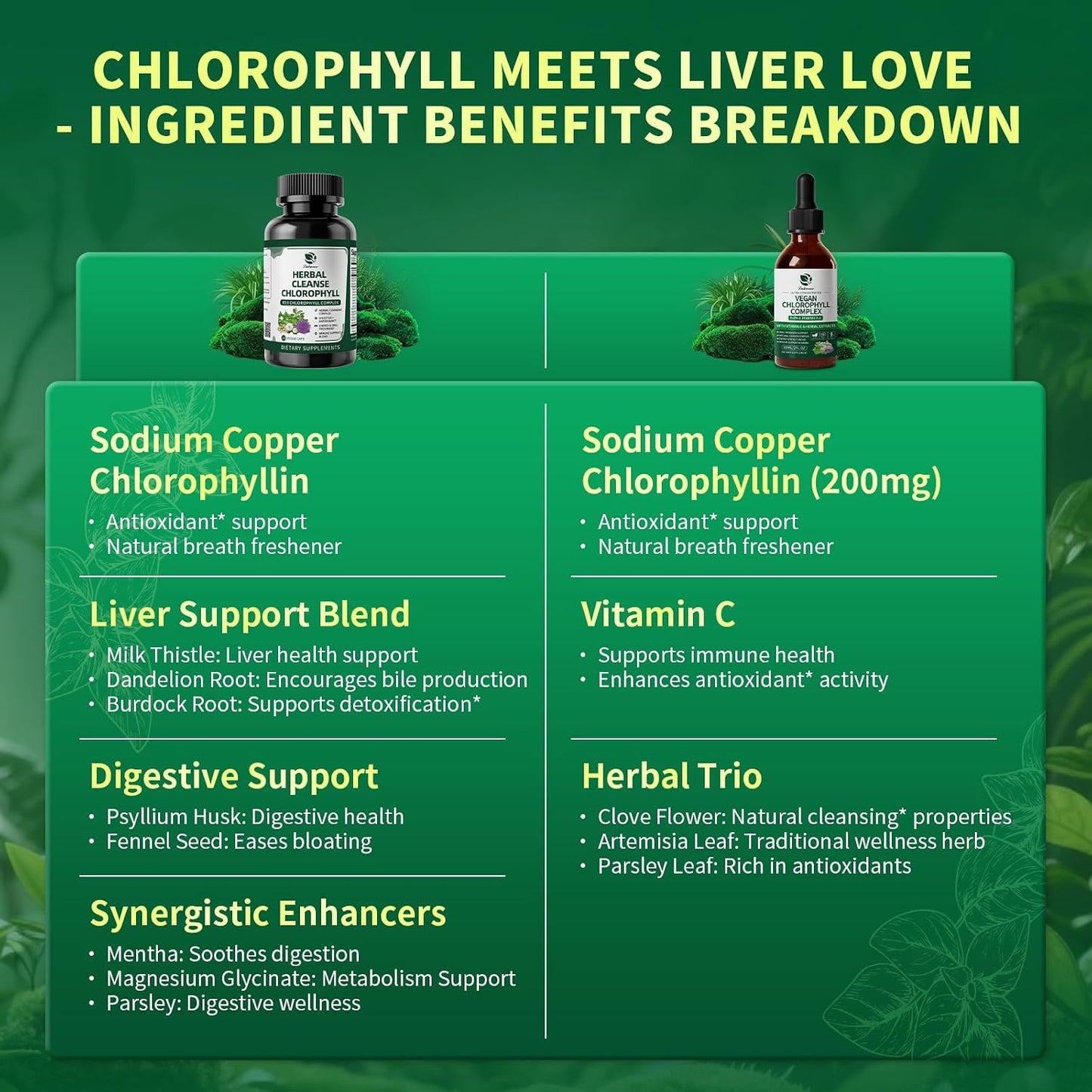 Liquid Chlorophyll Drops with Caps for Immune, Detox & Antioxidant | Chlorophyll Daily Combo for Digestion & Gut Health, Energy, Internal Deodorizer, Vegan, Sugar-Free, 2Oz + 120 Caps