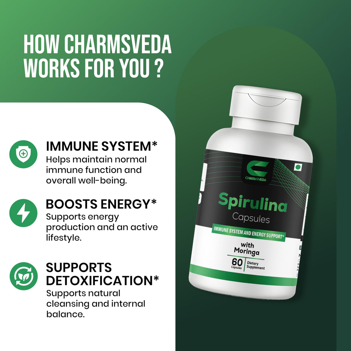 CHARMSVEDA Spirulina Capsules with Moringa – Herbal Immune Support* – 60 Vegan Capsules CHARMSVEDABuy Supplements Australia