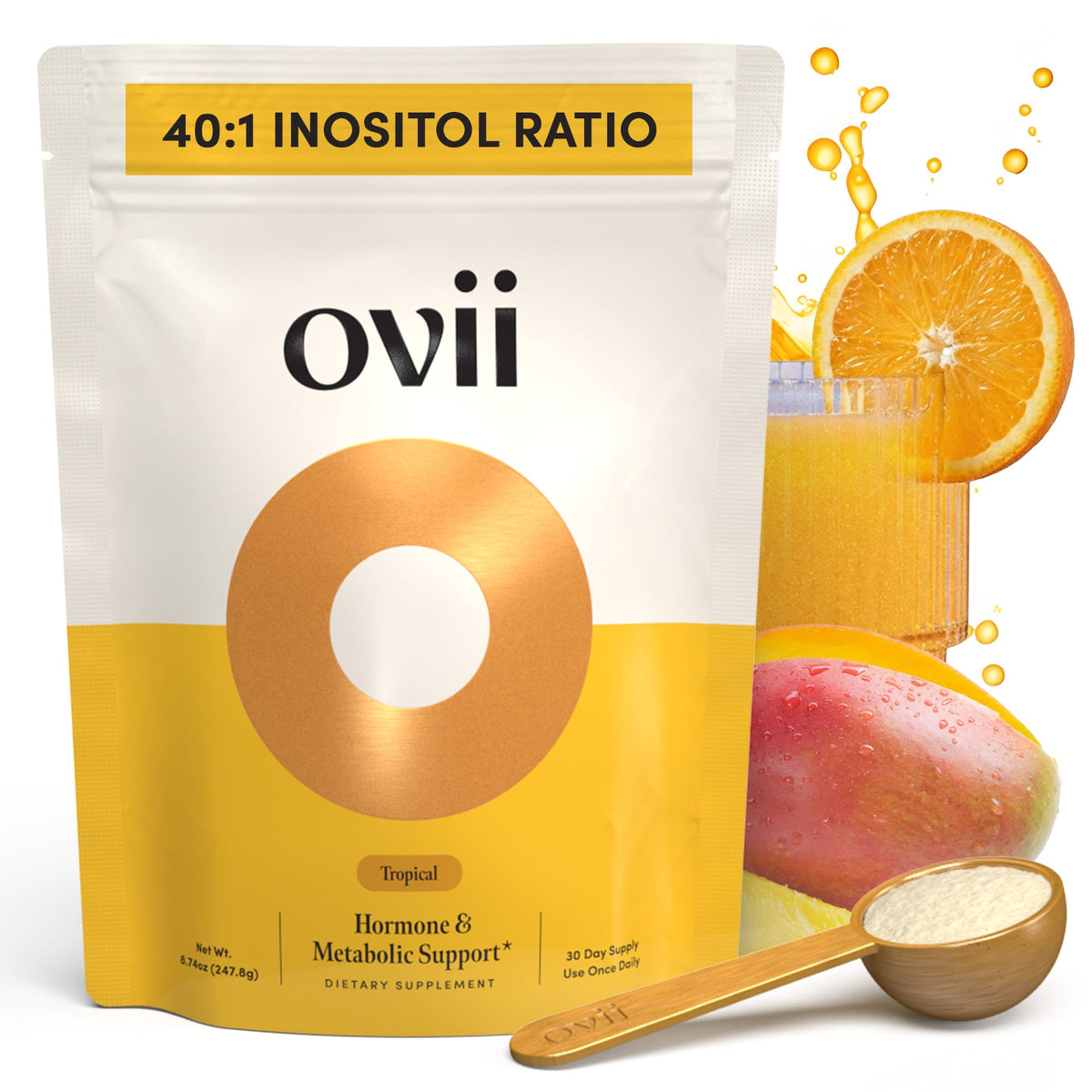 Ovii supplement package with oranges, mango, and a scoop of powder on a white background
