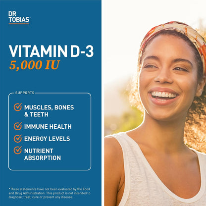 Dr. Tobias Vitamin D3 5000 IU 90 Capsules | Extra Strength Vitamin D | Bone, Teeth & Immune Support | 5,000 IU Vitamin D3 | Gelatin-Free & Non-GMO | 90 Servings