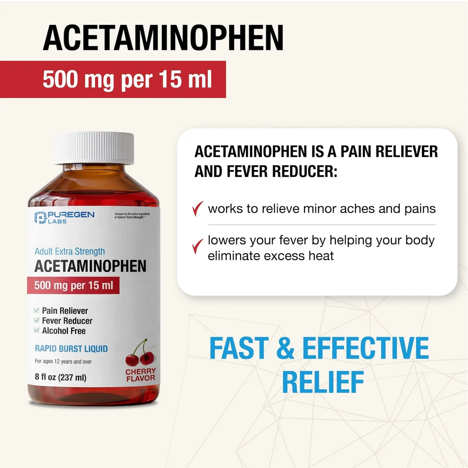 Puregen Labs Adult Extra Strength Acetaminophen Liquid 500mg/15ml - 8 fl oz Rapid Burst Pain Reliever/Fever Reducer, Cherry Flavor | Muscle & Joint Pain Relief | Arthritis Pain Relief P Puregen LabsBuy Supplements Australia