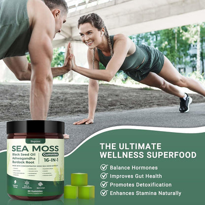 Sea Moss Gummies 16-1, Black Seed Oil Ashwagandha Turmeric Bladder Wrack Vitamin C Vitamin D3 Elderberry Manuka Dandelion Yellow Dock Apple Cider Vinegar for Men & Women